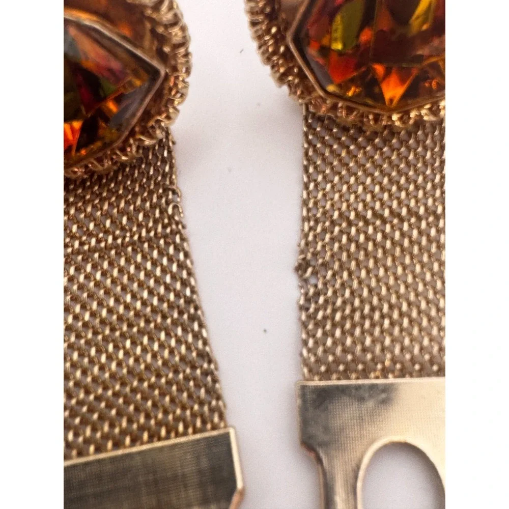 Vintage Mesh Cufflinks Orange and Green Faceted Shield MCM Gold Tone Wrap